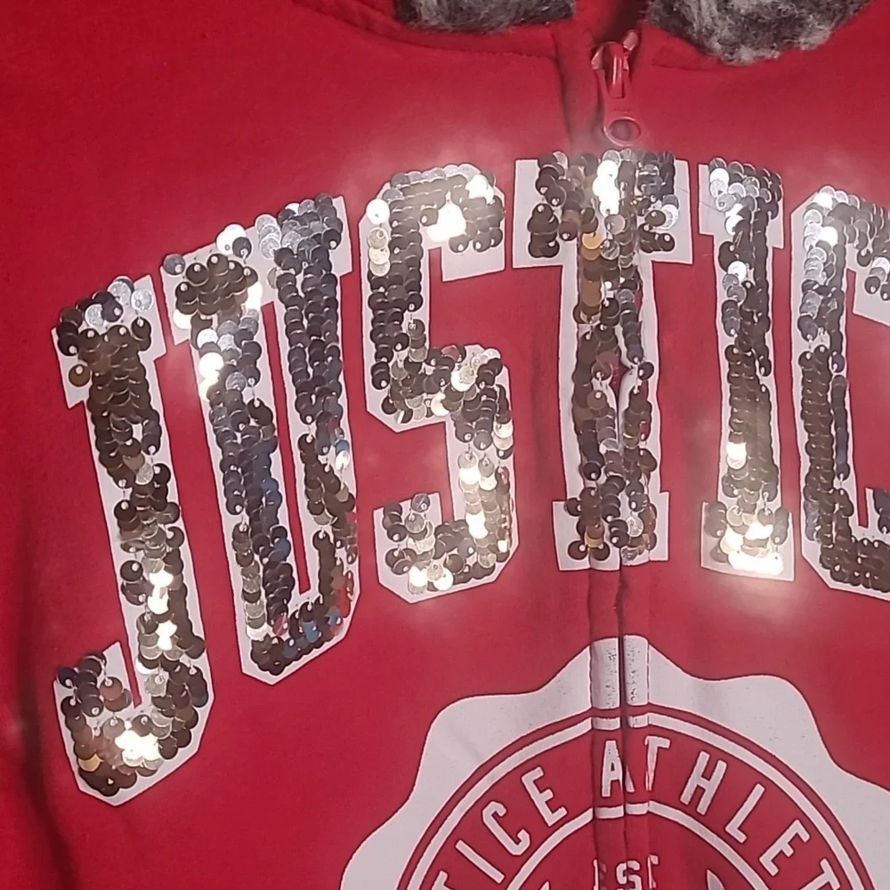 Justice Active Girls 12 sequin bling Full Zip Up faux fur red hoodie